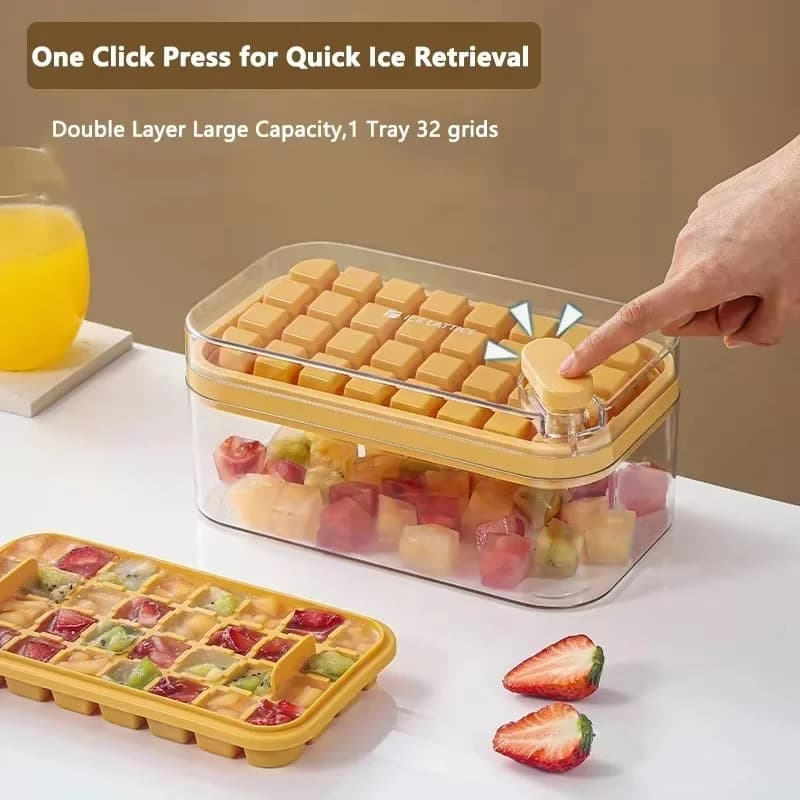 Stampo per cubetti di ghiaccio fai da te con 64 scomparti, stampo a pressione per estrarre i cubetti, vassoio per cubetti di ghiaccio in silicone resistente con coperchio, scatola portaoggetti con paletta.