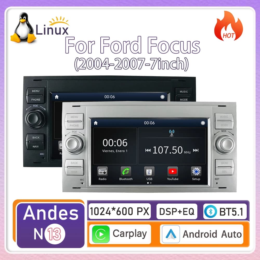 CarPlay wireless device for Ford Focus (2004-2007-7 inch) with Linux system, new model, navigation, video, Bluetooth