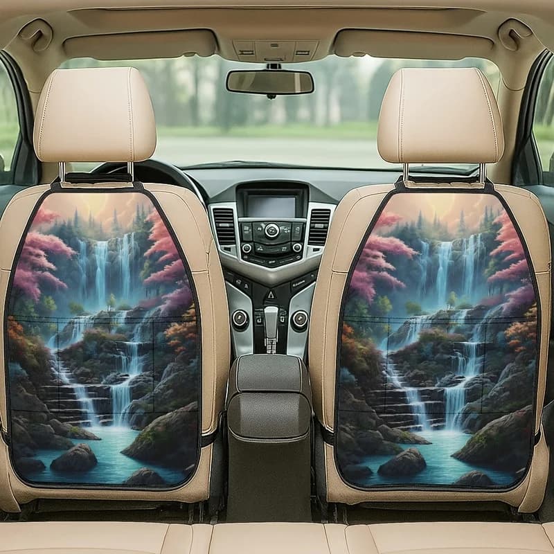 Universal Car Seat Back Covers With Storage Pockets - Waterfall Pink Forest Print - Artistic Decor For Stylish Car Interiors