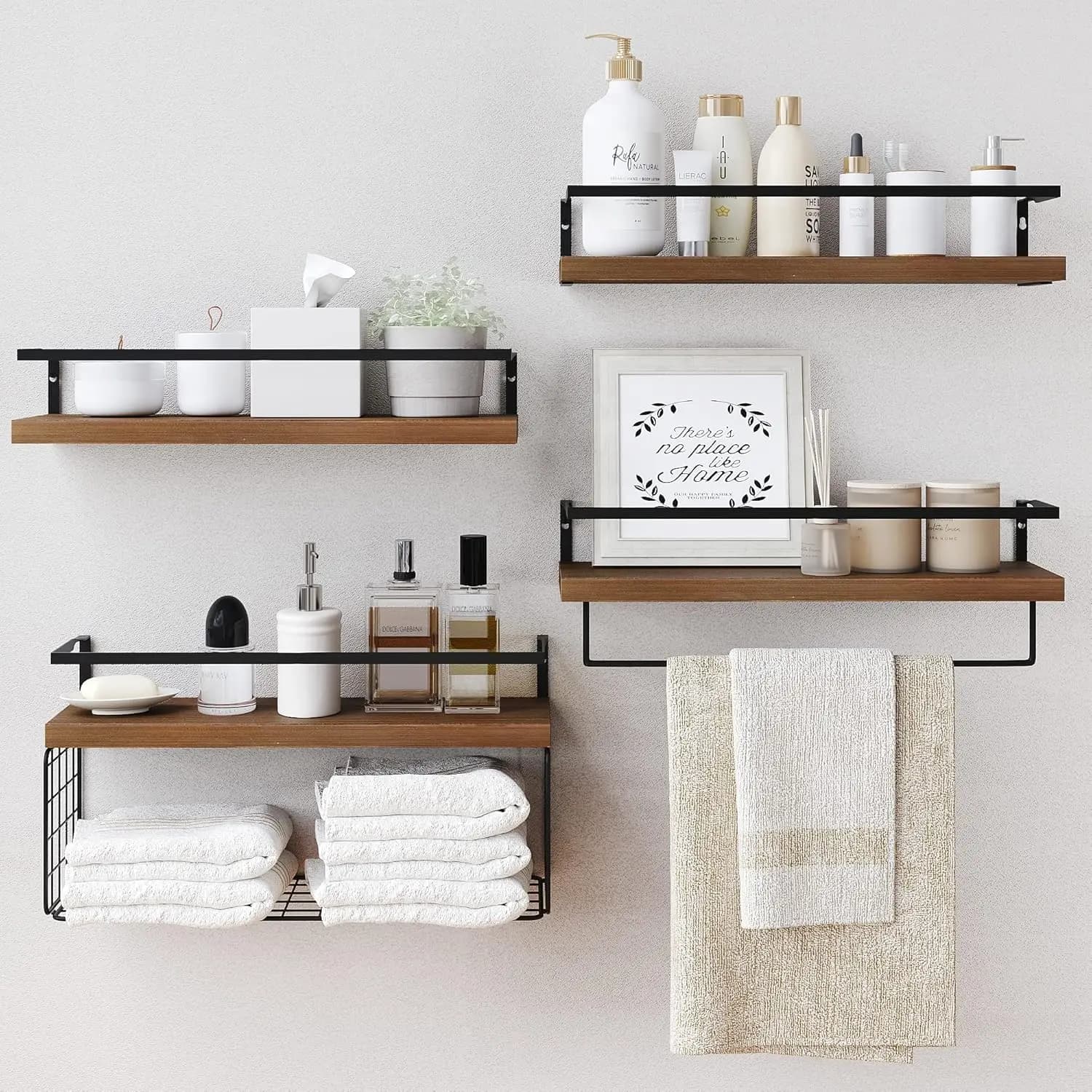 Set di 4 Mensole Galleggianti Rustiche con Cestino Portaoggetti e Portasciugamani - Montaggio a Parete per Bagno, Cucina, Camera da Letto