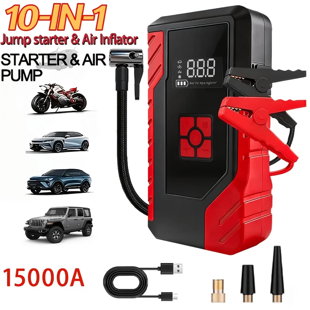 Avviatore di Emergenza Multifunzione per Auto da 15000A di Picco e Alimentatore Portatile di Emergenza da 250PSI, Alimentatore di Emergenza per Veicoli da 14.8V, Illuminazione di Emergenza a LED, Ingresso e Uscita USB, Accessori per Avviatore di Emergenza, Strumenti per Riparazione Auto