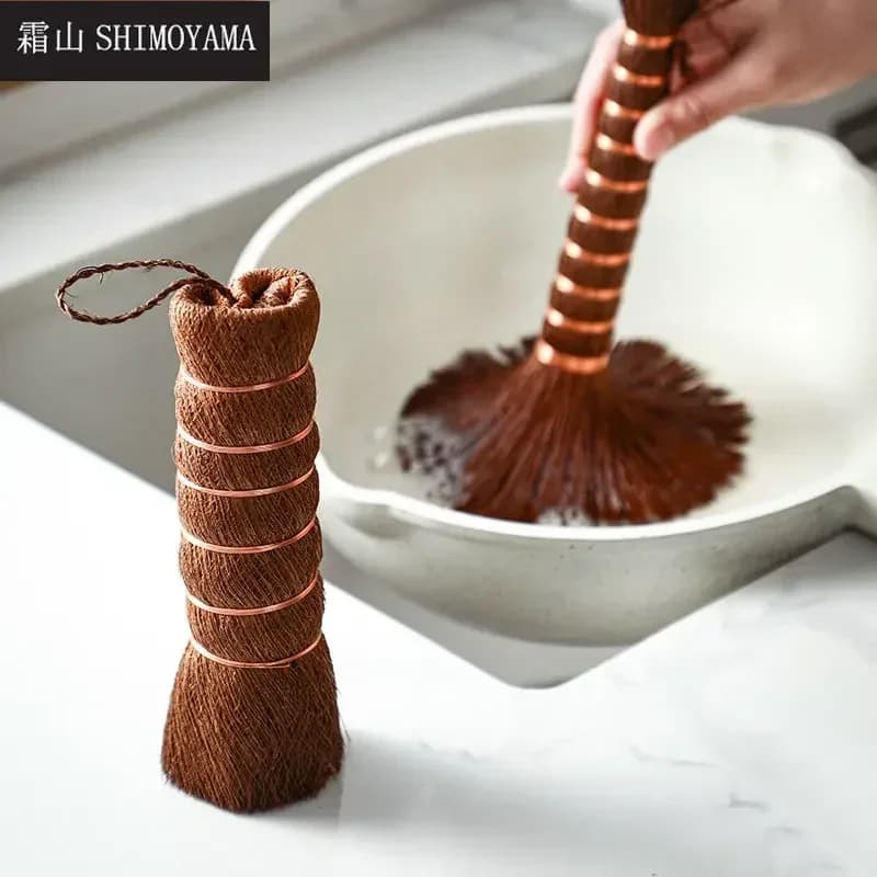 Spazzola Naturale SHIMOYAMA in Fibra di Cocco con Manico Lungo, Antiaderente, per Lavaggio Pentole e Padelle, Tipo Appendibile per Pulizia Wok e Stoviglie