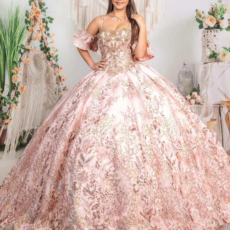 Abiti Quinceanera rosa con spalle scoperte Applique Fiore che borda Tull di cristallo Festa di compleanno Dolce 16 Abito Abiti 15 De Anos