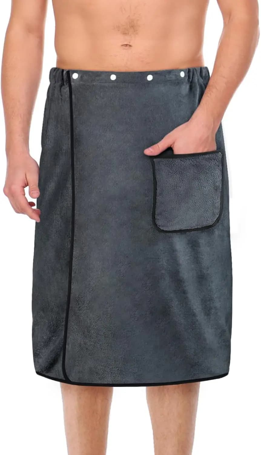 Large 80x150cm Men's Towel Wrap with Pockets - Soft Plush, Quick Dry, Adjustable Bathrobe