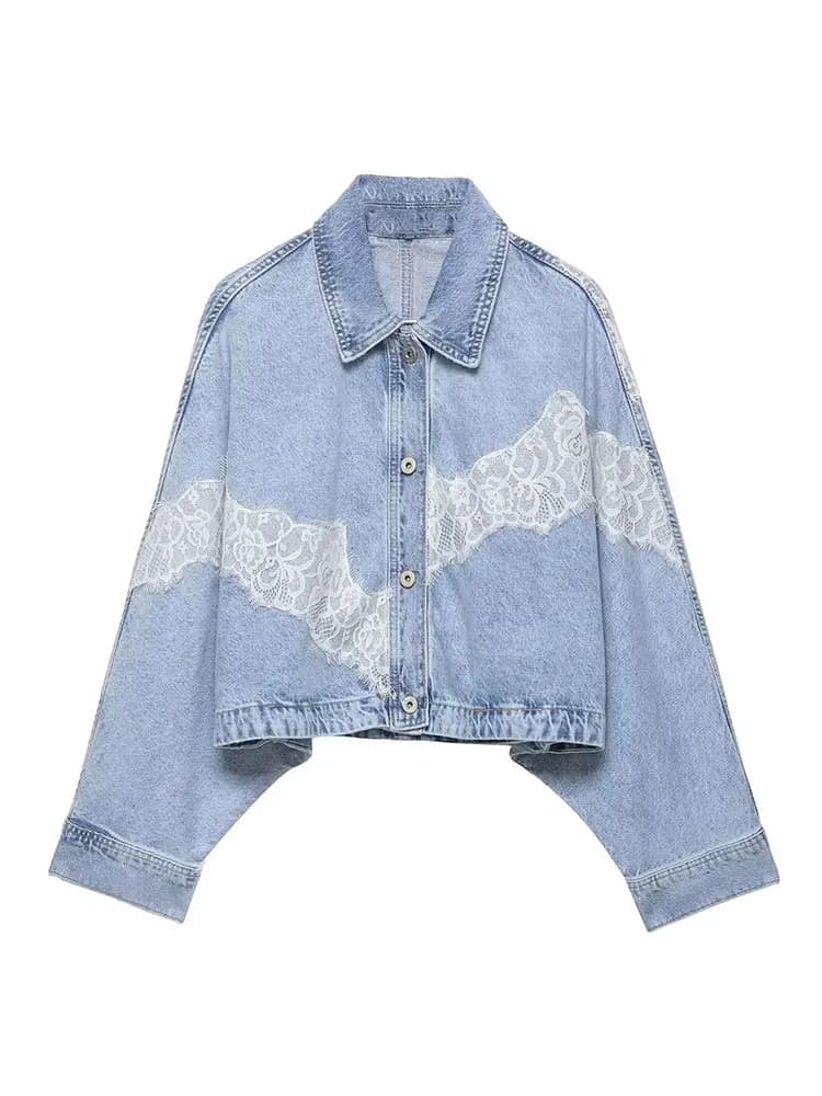 HH Elegante Giacca in Denim Blu da Donna con Bottoni e Maniche a Pipistrello, Cappotto Primaverile Estivo Casual alla Moda con Inserti in Pizzo