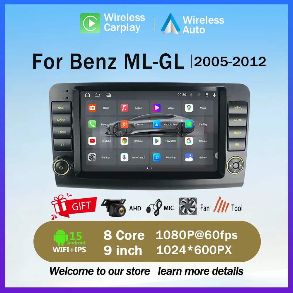 Sistema audio per auto Benz ML-GL 9'' con Carplay wireless, lettore multimediale Android, navigazione GPS e funzione Wi-Fi