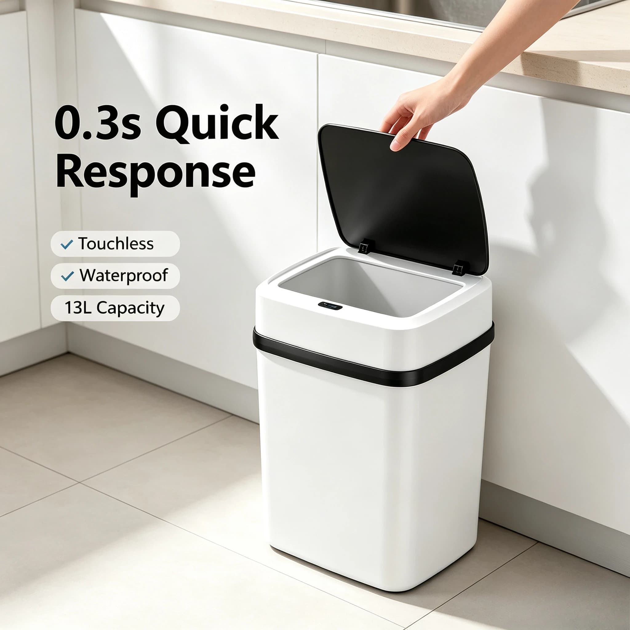 Smart Automatic Sensor Trash Can 13L Touch‑less Waterproof Garbage Bin 0.3s Fast Response For Kitchen Bathroom Household