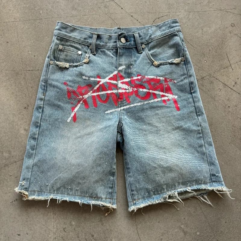 Y2K Graffiti Jorts Printed jeans shorts effect worn with rhinestones Man Woman Trendy Retro Hip Hop Streetwear Unisex wide shorts