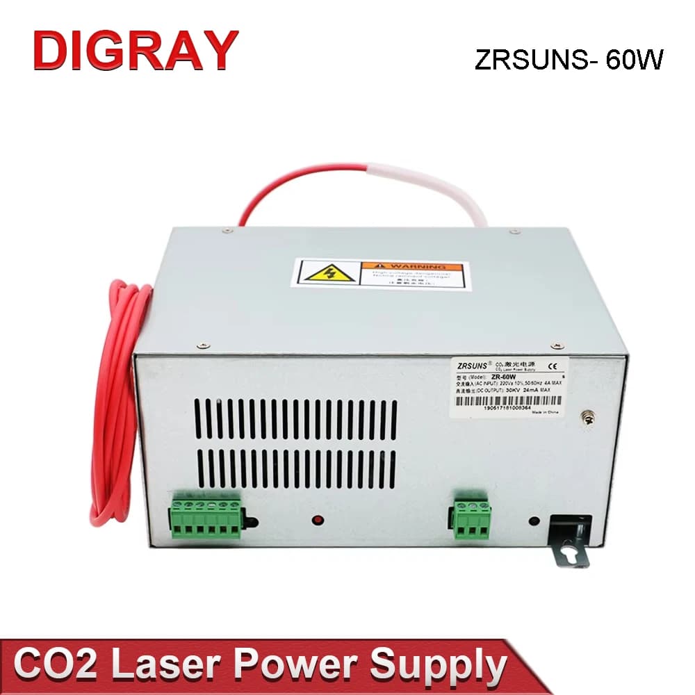 Alimentatore Laser DIGRAY ZRSUNS 60W per Tubi Laser CO2 in Vetro da 40W 50W 60W 70W per Macchine da Incisione e Taglio, 2 Anni di Garanzia.