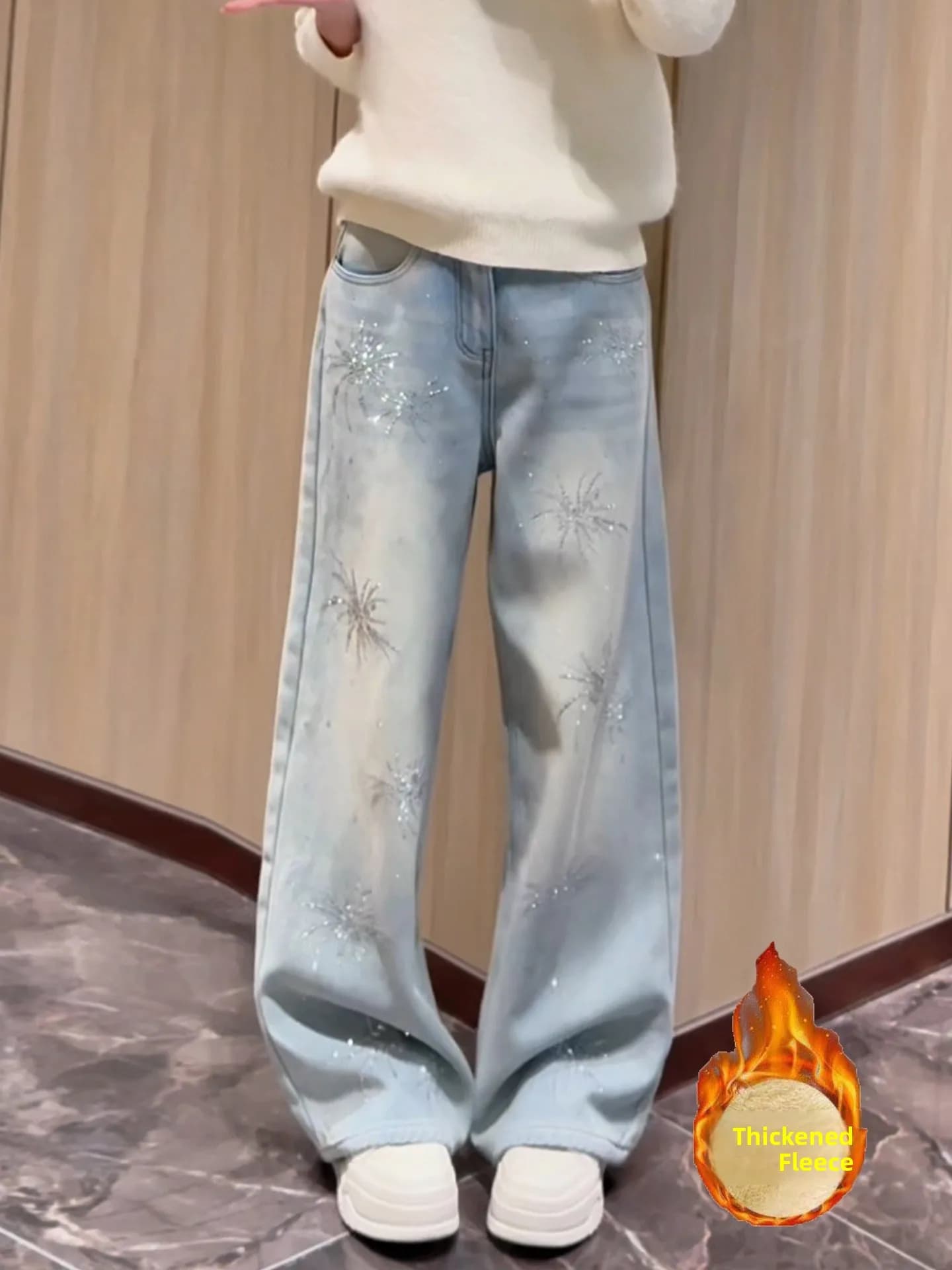 Festive Sparkling Fleece Lined Slim Straight Jeans Women's Winter New Style Glittering Wide Leg Loose Fit High Waist Denim Pants