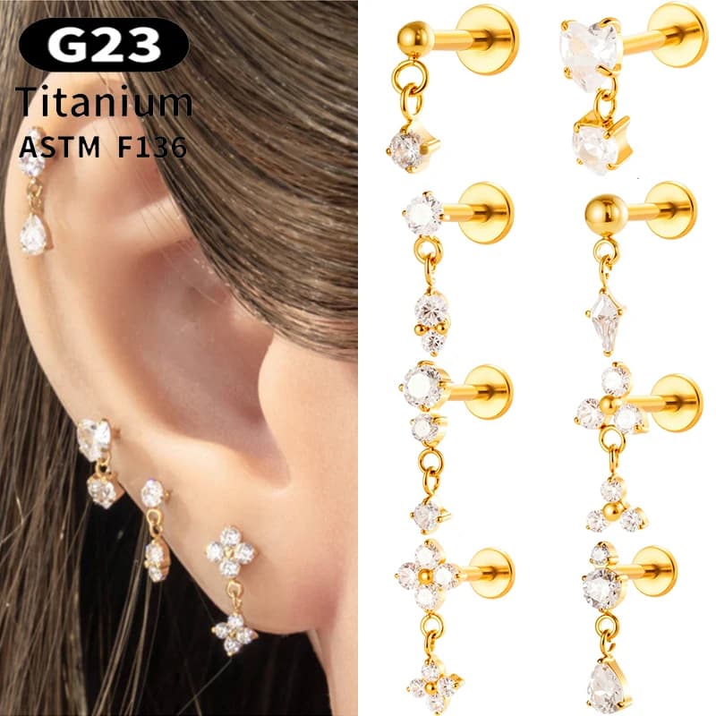 1PC G23 Titanium 16G Labret Stud Threadless Push Pin Flower Dangle CZ Tragus Cartilage Earrings Flatback Helix Piercing Jewelry