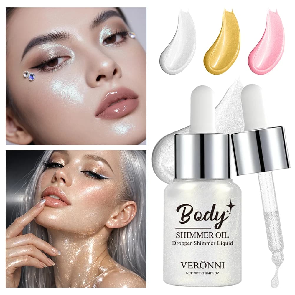 3 Colors Body Shimmer Oil, Golden Copper Luminizer Glow for Face & Body, Moisturizing Liquid Highlighter with Makeup Brush