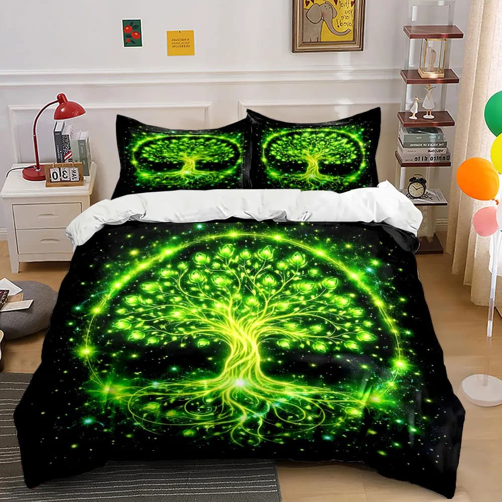 Set copripiumino con motivo albero della vita verde luminoso, stampa digitale, biancheria da letto in poliestere colorato con chiusura a cerniera, ideale come regalo per bambini