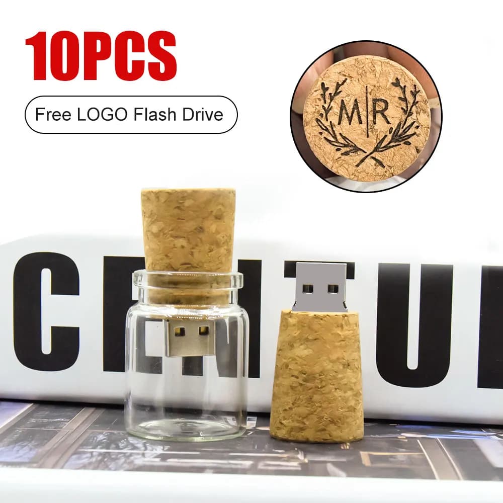 10 pz. Nuovo arrivo: chiavetta USB 2.0 a forma di bottiglia in vetro con tappo in legno, pendrive da 16GB, 32GB, 64GB