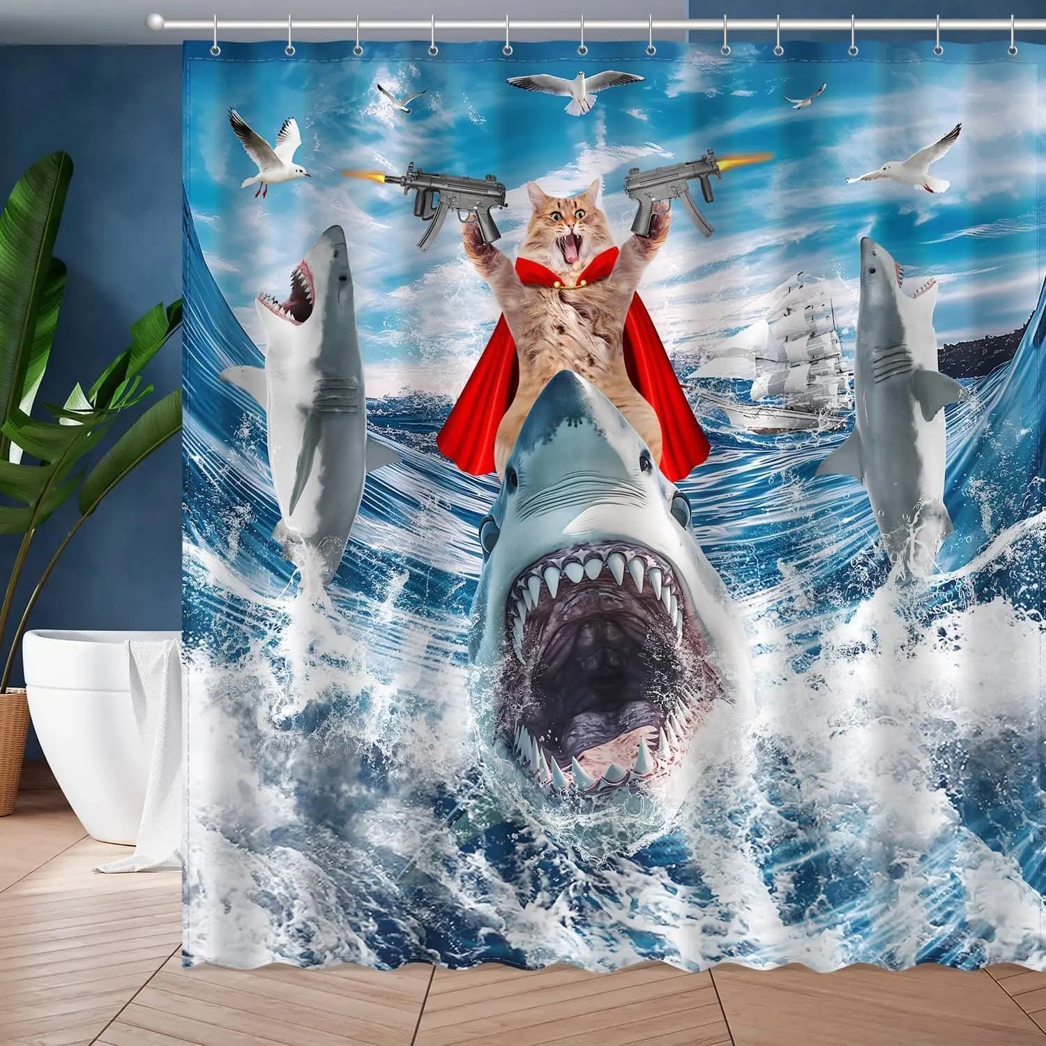 Divertente set di tende da doccia con squalo che cavalca gatto, tenda da bagno in tessuto impermeabile in poliestere per la decorazione del bagno di casa dei bambini con 12 ganci