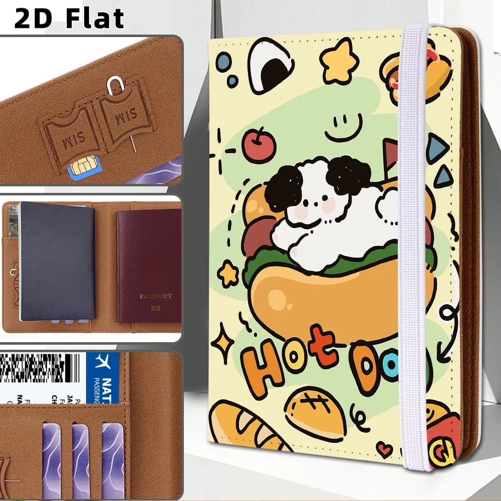 Kawaii Cartoon Puppy Hot Dog Passport Wallet PU Leather Multi Card Travel Passport Holder with Elastic Strap Multiple patterns
