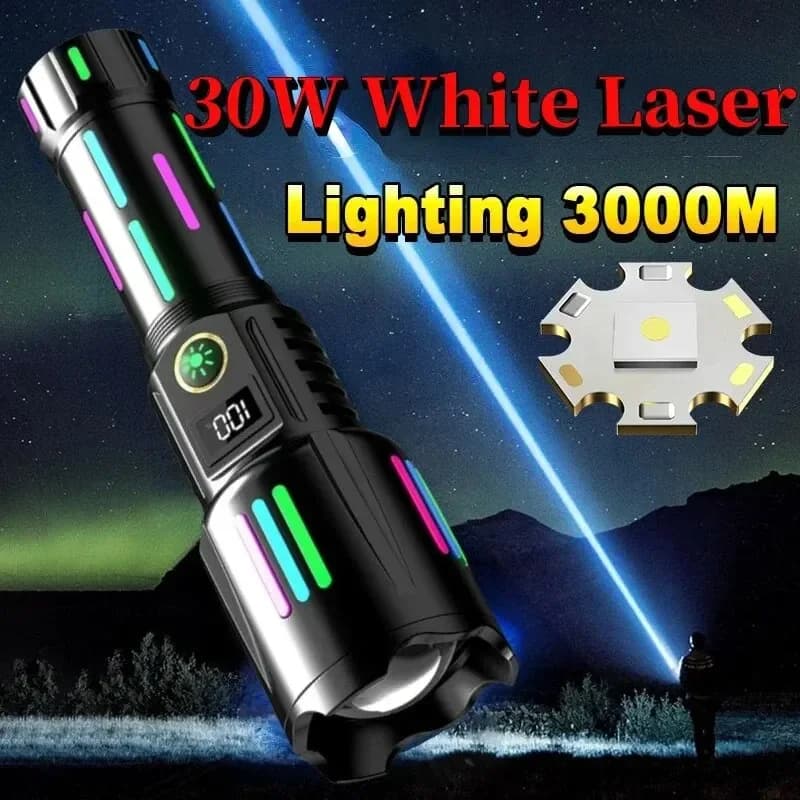 Potente torcia LED laser bianca Zoom Lampada portatile ricaricabile di tipo C impermeabile con strisce luminose per la caccia e la pesca