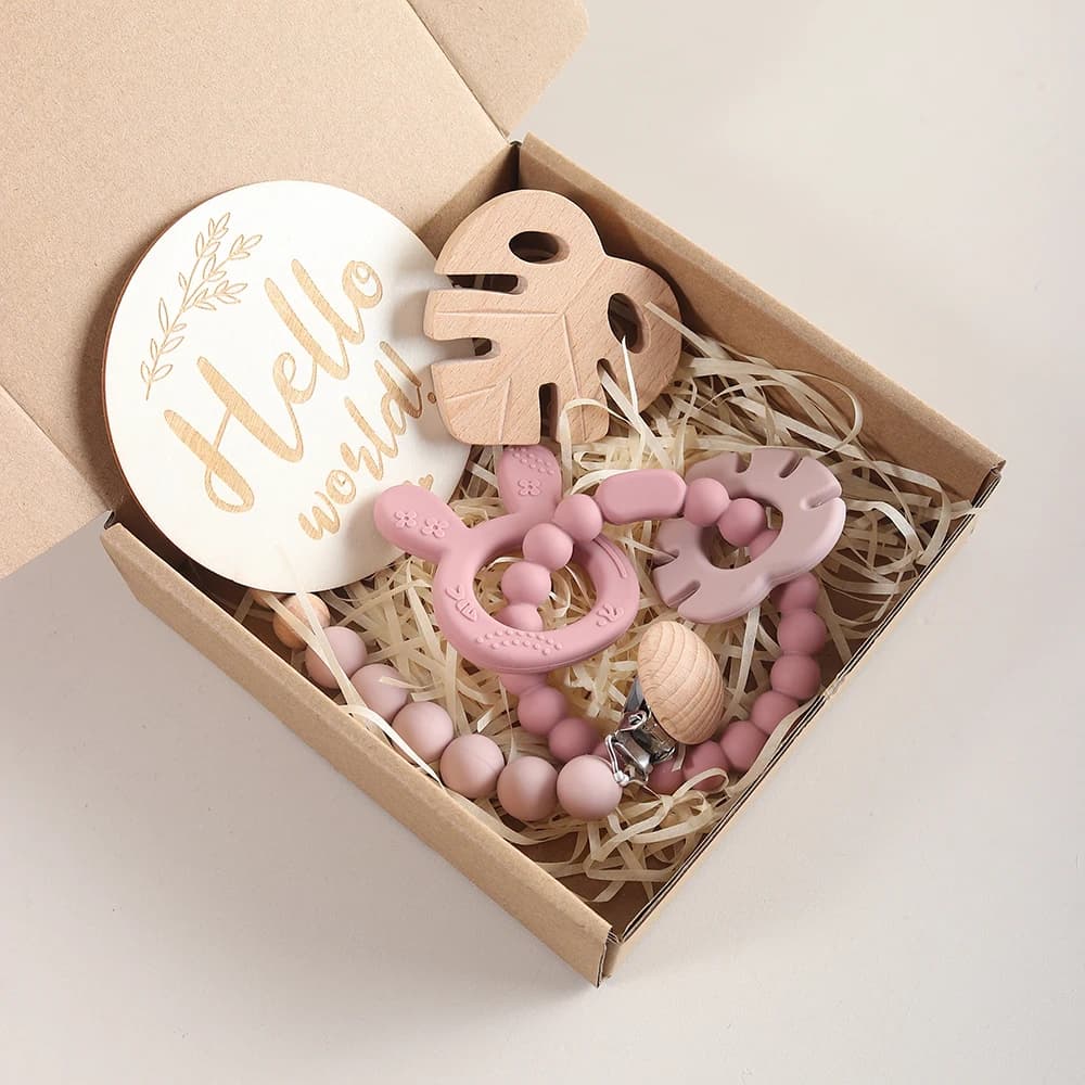 2025 new 4pcs Newborn Gift Set - bunny leaf teether baby pacifier chain antidrop chain photography background set