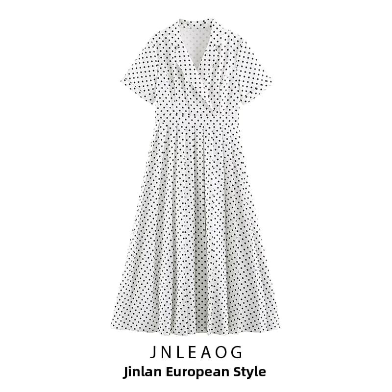JNLEAOG Summer New Women's Fashion Simple Match Plaid Pleated Long Dress Suit Casual A-Line Skirt Polyester Fiber Short Sleeve