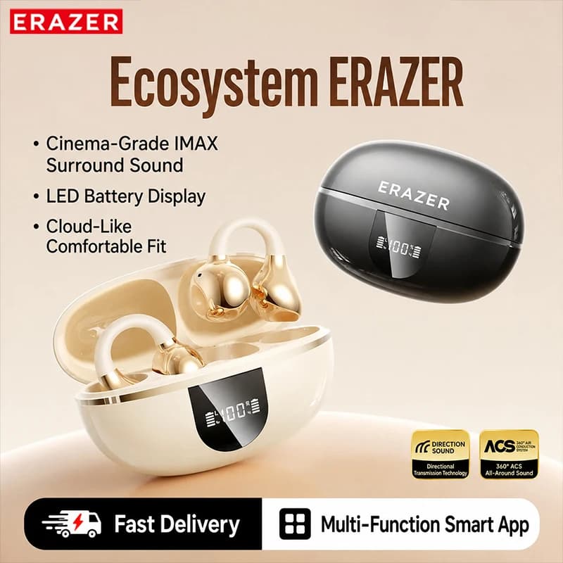 Erazer EX338 Bluetooth Earphones 135 Language AI Translator Earbuds LED Battery Diplay New OWS Ear Clip Wireless Headphones
