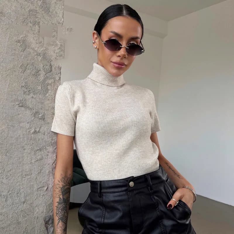 Maglie Estive in Maglia da Donna Ticketsx, Top Casual a Collo Alto a Maniche Corte, Pullover Tinta Unita per il Tempo Libero e lo Streetwear Femminile