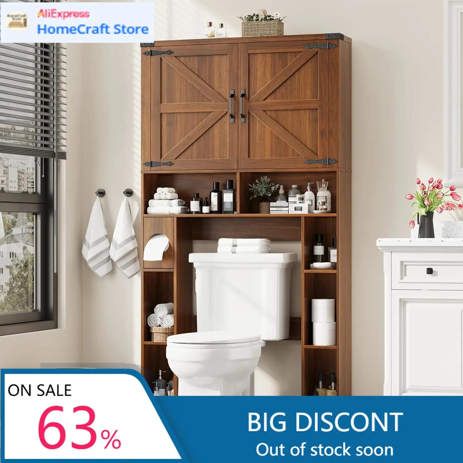 Mobiletto Salvaspazio Stile Rustico da Posizionare Sopra il WC con Porte Scorrevoli, Porta Carta Igienica e Scaffale per Bagno, Lavanderia e Servizio