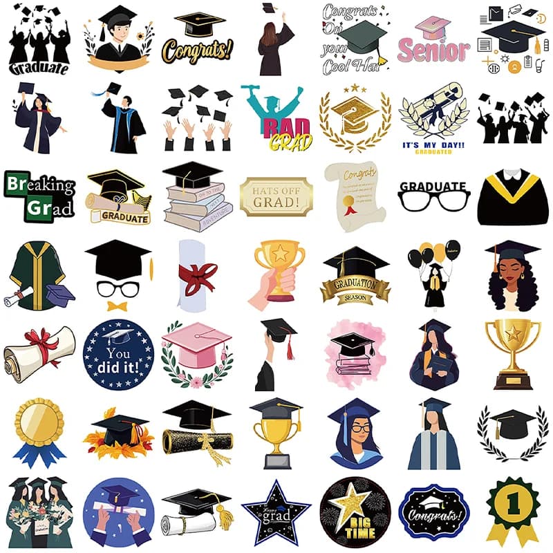 Pack of 50 Graduation-Themed Cartoon Stickers (Approximately 5.24×5.37cm Each) - Suitable for Decorating Notebooks, Water Bottles, Skateboards, Suitcases, DIY Decorations, Graduation Ceremony Party Atmosphere Setup, Graduation Commemorative Journal Materials, and Creative Stationery Supplies for Students