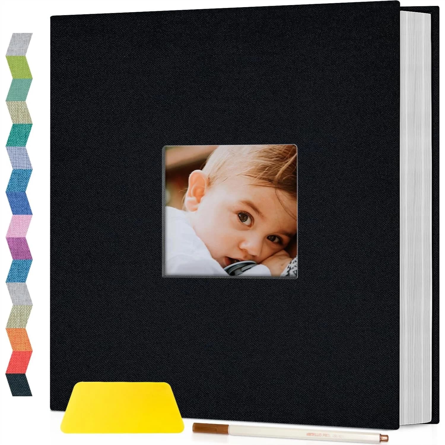 Self Adhesive Photo Album with Display Window, 40 Pages DIY Scrapbook Kit for 4x6 8x10 Pictures, Linen Cover Memory Book for