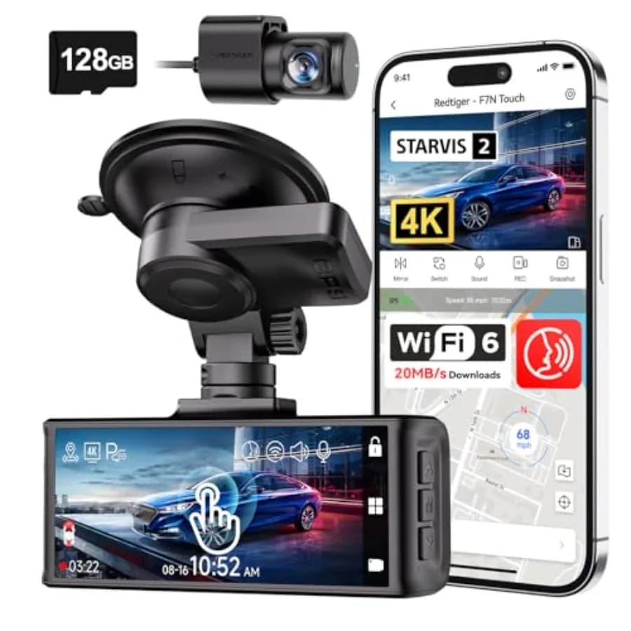 Dash Cam 4K STARVIS 2 Anteriore e Posteriore, WiFi 5GHz, Download 20MB/s, Scheda 128GB Inclusa, Controllo Vocale, Telecamera per Auto con 3.18