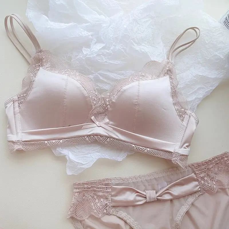 Intimo da ragazza in raso di fascia alta alla moda coreana Seni piccoli morbidi e confortevoli raccolti sul supporto superiore Set reggiseno sexy in pizzo di pizzo