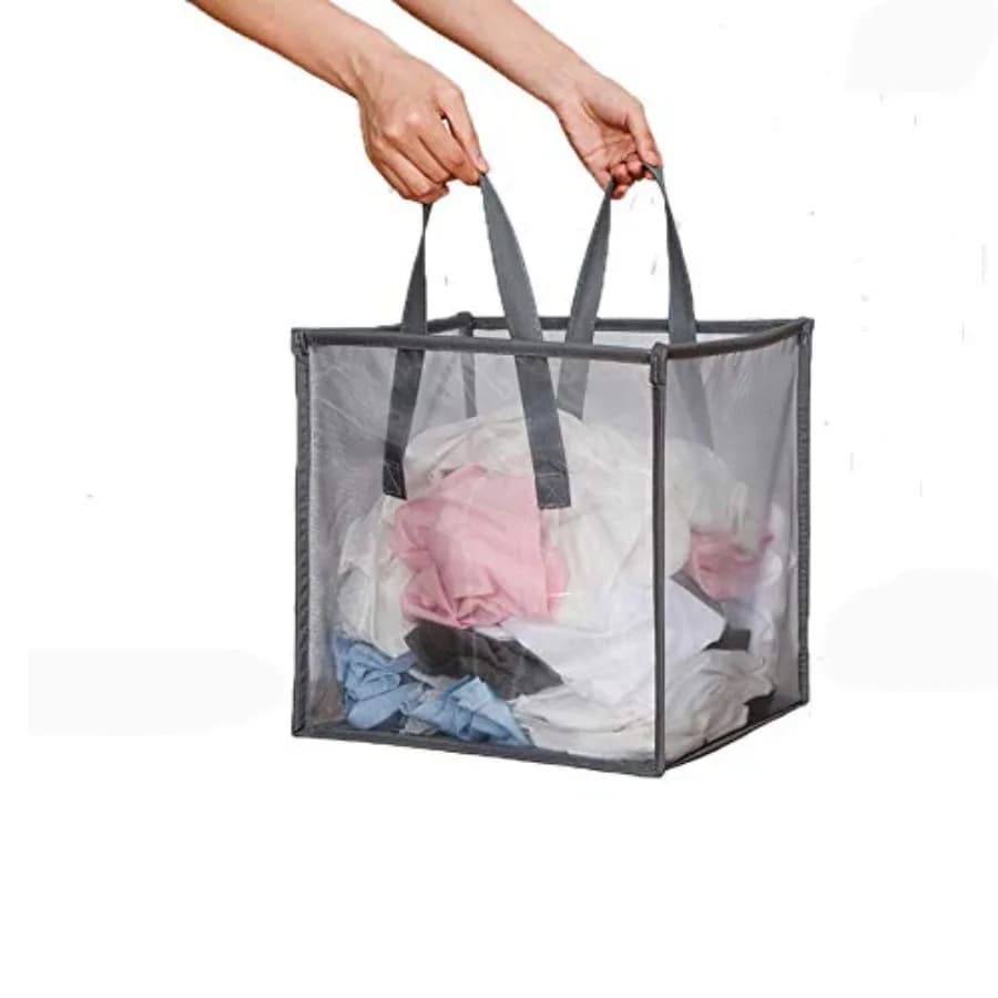 Cesto portabiancheria a rete con manici, pieghevole, portatile, resistente, facile da ripiegare, cesto portabiancheria pop-up.