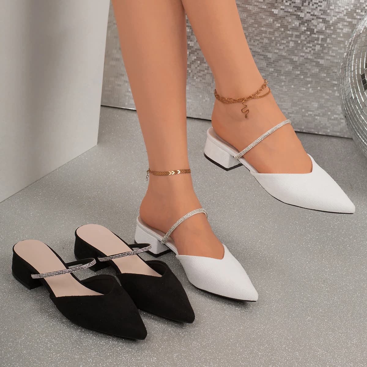 Women V‑Cut Pointed Toe Suede Rhinestone Strap Low Block Heel Slide Mules Slip‑On Office Party Heeled Sandals Black White