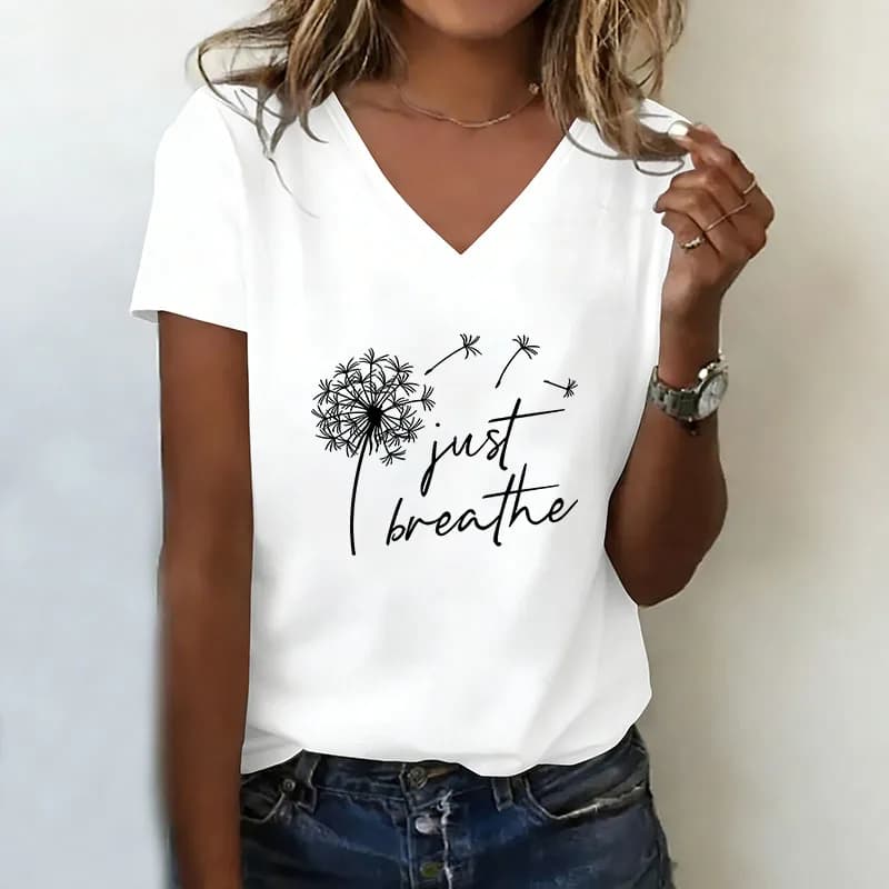 T-shirt Just Breathe Dandelion con scollo a V, moda casual Y2k, t-shirt da donna a maniche corte, con scollo a V, per l'estate e la primavera