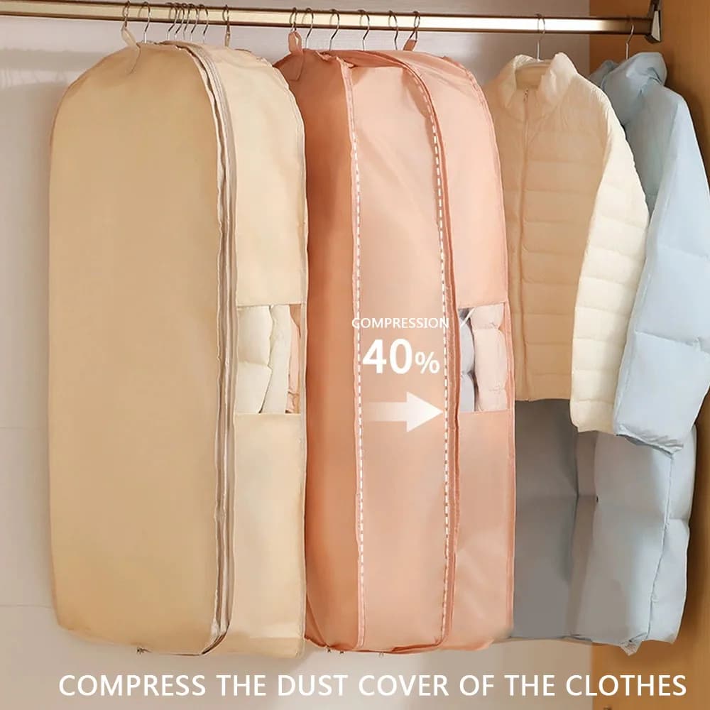 Hangable spacer for long coats, vests and dresses, with compression dust cover, for the house