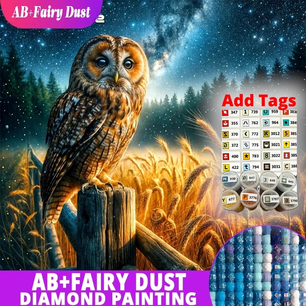 AB Fairy Dust Diamond Embroidery Owl Animal Picture Of Rhinestones Painting Field Full Square Mosaic Starry Sky DIY Handmade Hob
