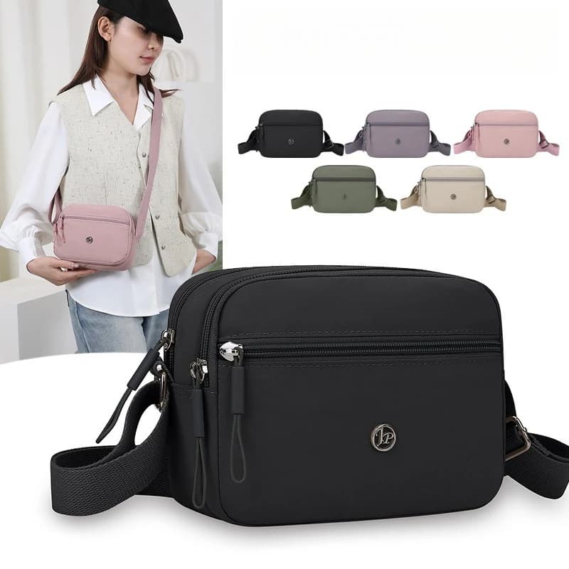 Women's nylon shoulder bag with adjustable shoulder strap, multi-layer light shoulder bag, travel bag for commuters, black