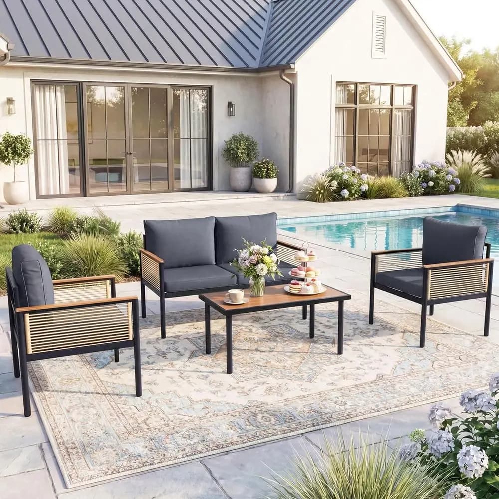 4-Piece Outdoor Patio Furniture Set with Table and Chairs, Metal Construction, Waterproof Cushions, Suitable for Backyard, Garde