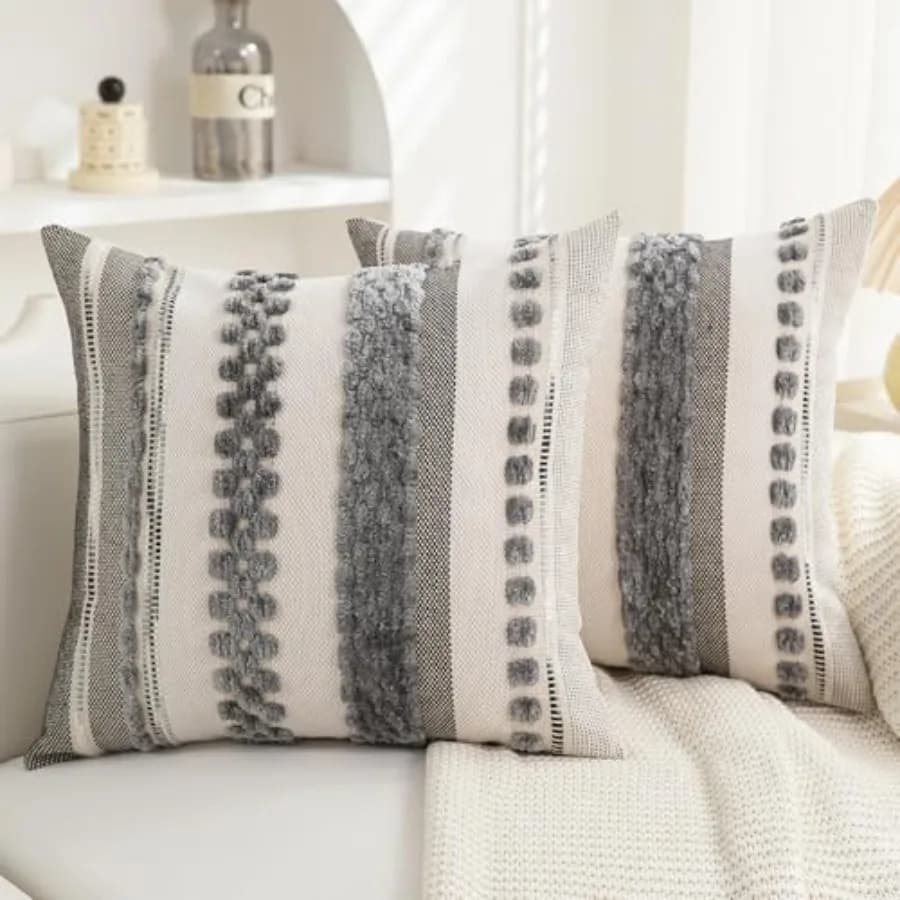 Fodere per cuscini decorativi Boho 18x18 (set da 2) per divano - Fodere per cuscini decorativi grigie in ciniglia testurizzata per divano moderno in stile rustico