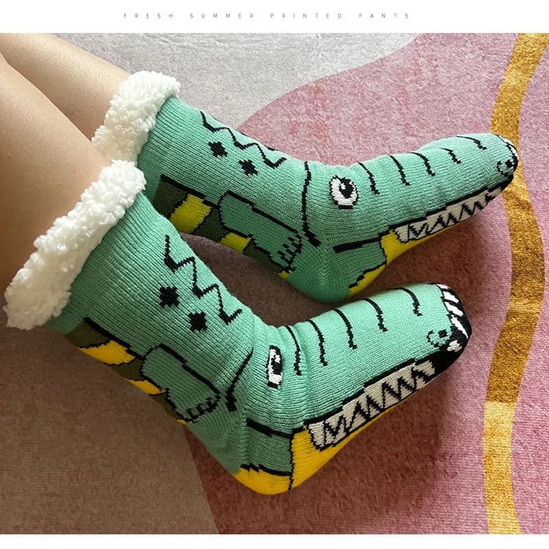 Calzino corto sfocato da donna dinosauro invernale divertente carino Kawaii antiscivolo cartone animato che dorme morbido e confortevole pantofole termiche da pavimento femminile calzino