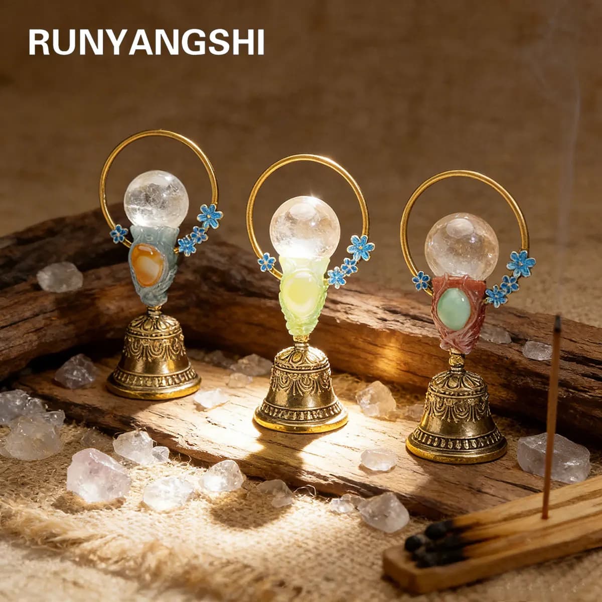 1PC Natural Crystal Ball Brass Hand Bell, Copper Feng Shui Healing Bell for Home Decoration, Christmas Bell Gifts & Souvenir
