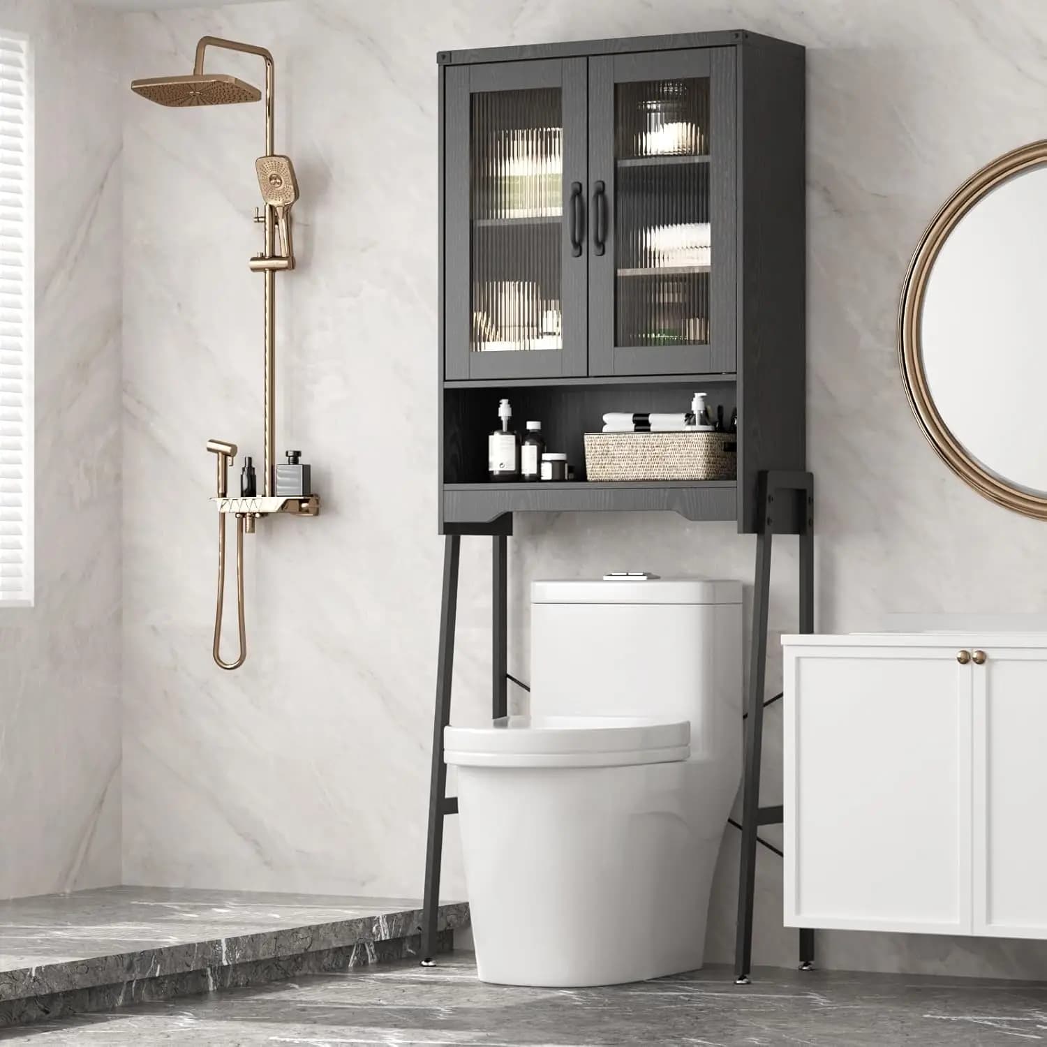 Mobiletto Salvaspazio da Bagno Sopra il WC con Ante in Vetro Temperato e Ripiano Regolabile, Organizzatore per Bagno con Supporto in Metallo