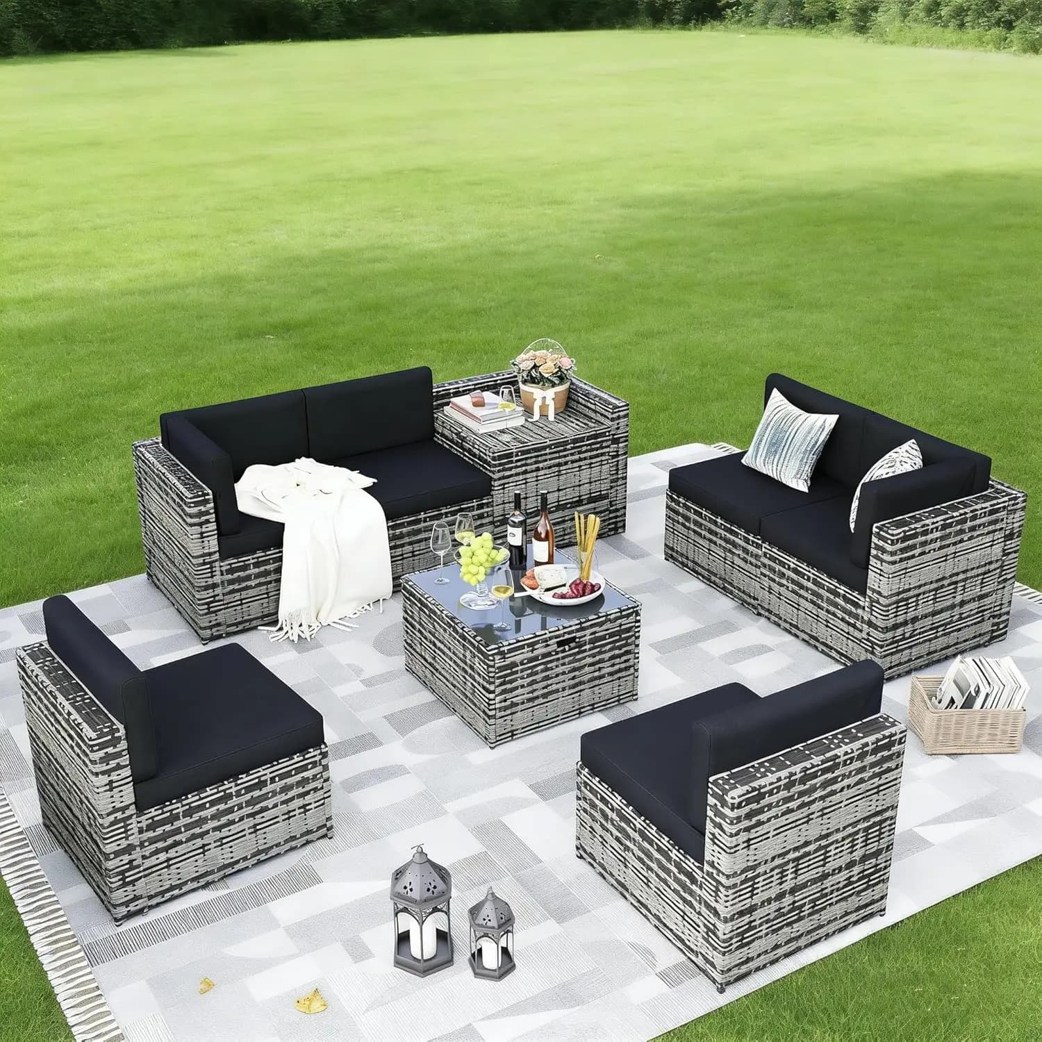 8-Piece Wicker Rattan Patio Furniture Set with Storage Box, Glass Top Table, and Thick Cushions, Grey Outdoor Sectional