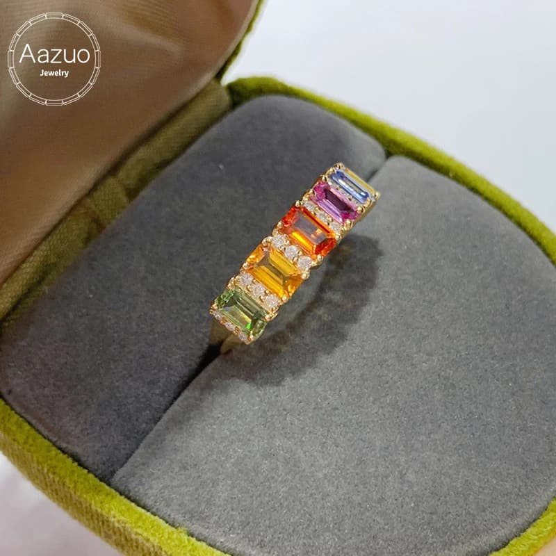 Aazuo Anelli in oro giallo massiccio 18 carati con zaffiri naturali e diamanti veri, modello OL quadrato con linee arcobaleno, per ragazze e donne, ideali per banchetti e feste di gala.