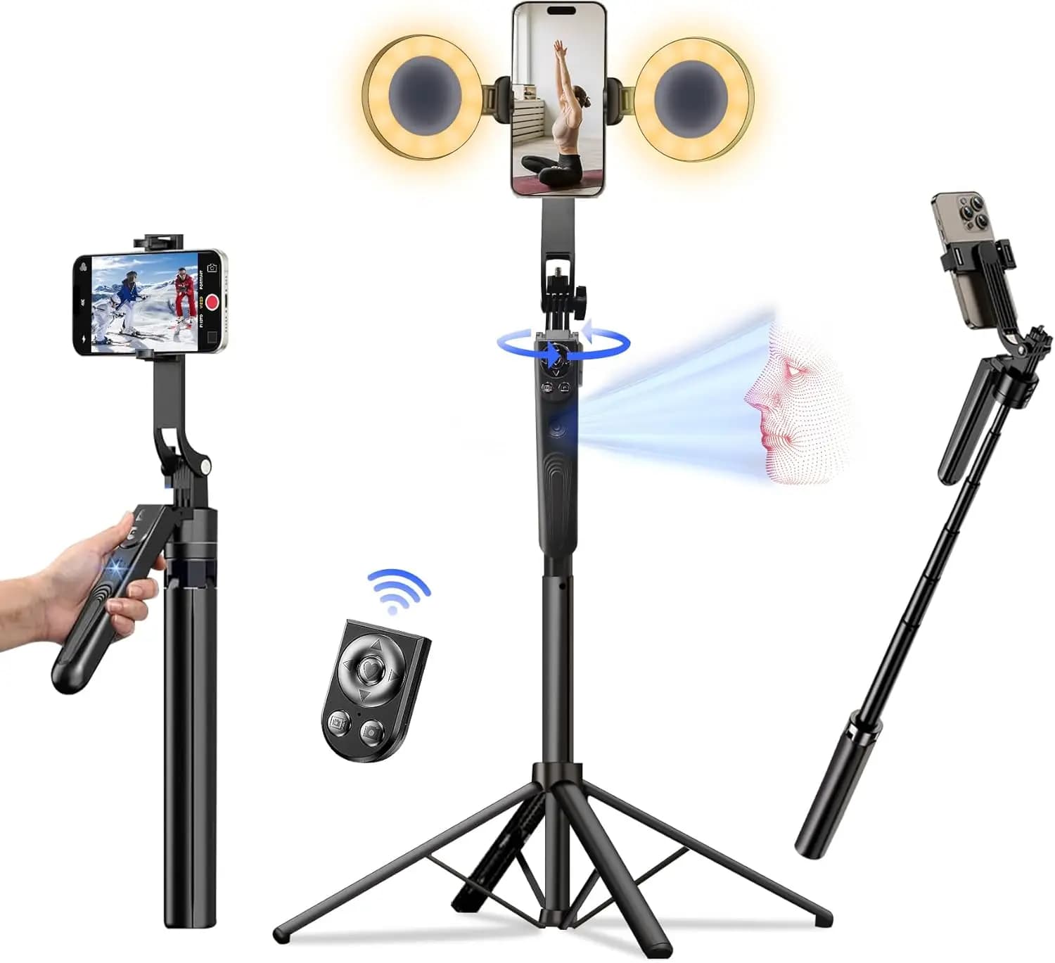 Treppiede con Tracciamento Automatico del Viso e Luce per iPhone, Bastone Selfie con Rotazione a 360° e Telecomando per Vlog e Streaming Live