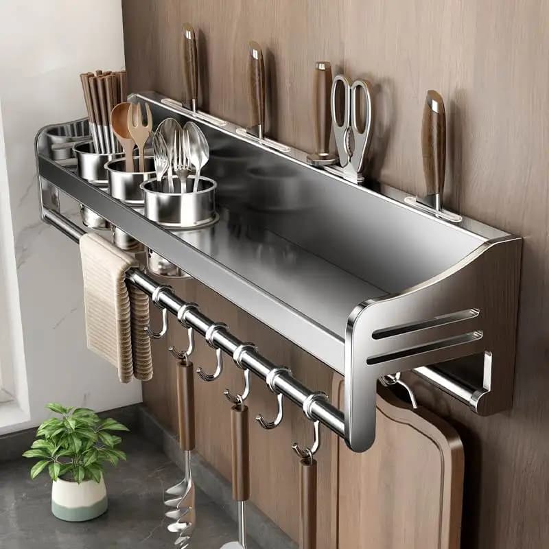 Stainless Steel 304 Wall-Mounted Kitchen Storage Rack Spice Knife Chopstick Organizer Multi-Purpose Home Use Utility Shelf