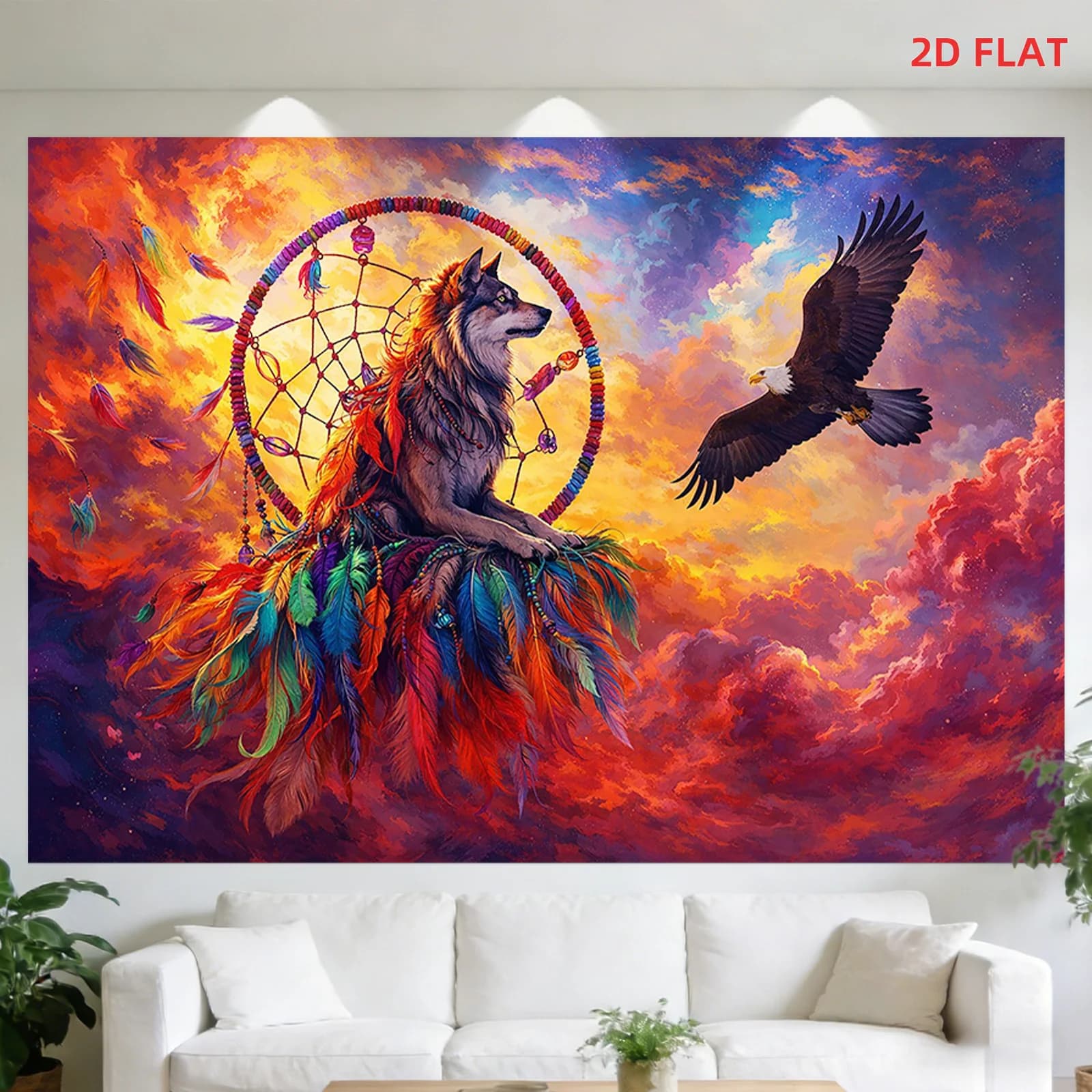 Spiritual Wolf Tapestry with Dreamcatcher and Eagle Vibrant Sunset Sky Wall Art for Living Room Bedroom Boho Native Decor