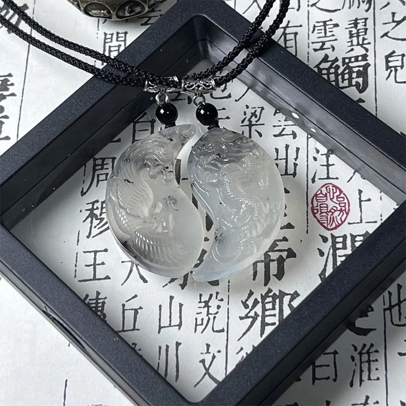 [HS]2Pcs Natural Jade Dragon Phoenix Pendant Necklace Lucky Safety Auspicious Charms Couple Gift Necklace