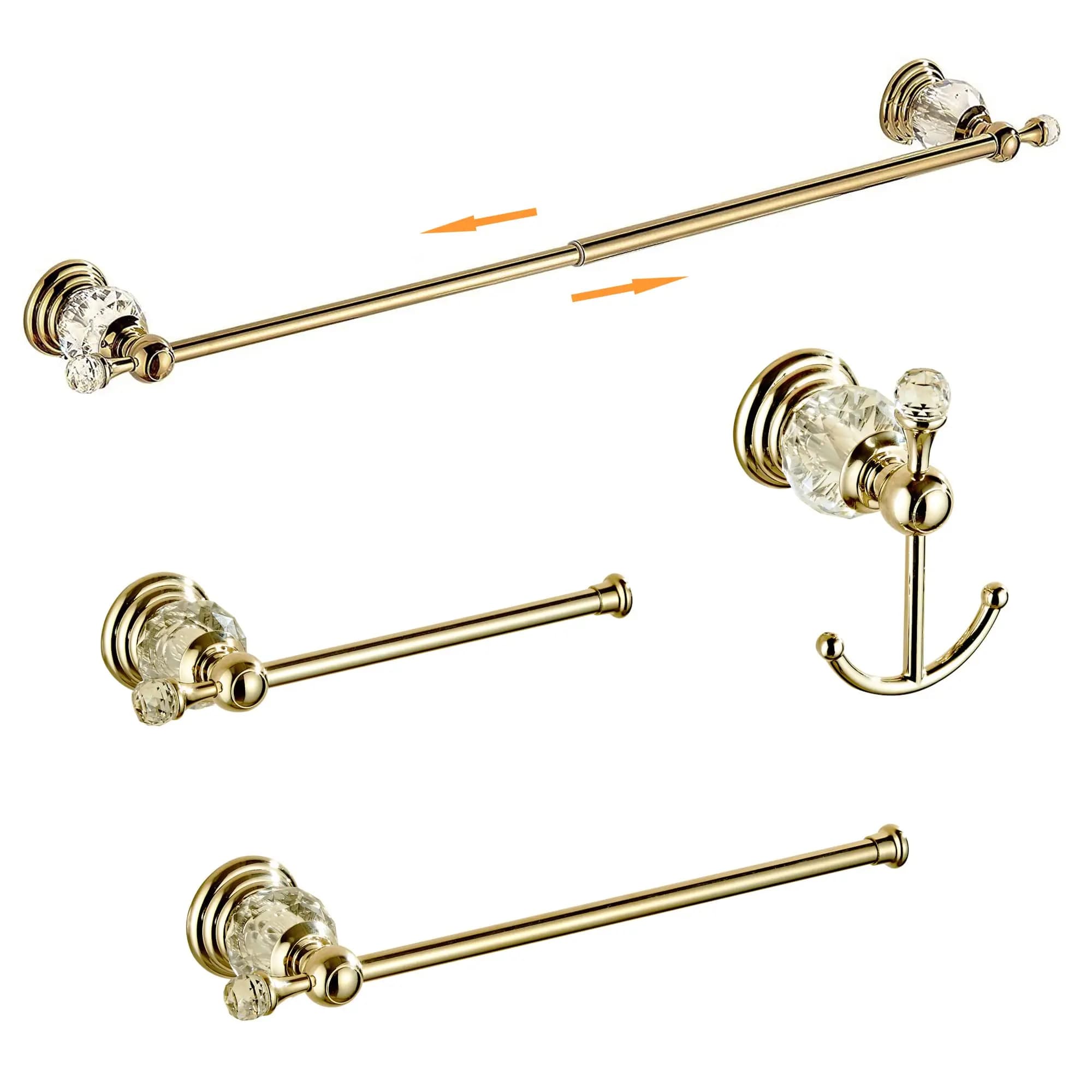 Luxury Brass Finish Bathroom Accessories Set: Adjustable Towel Bar, Toilet Paper Holder, Hand Towel Rail, And Double Hook With