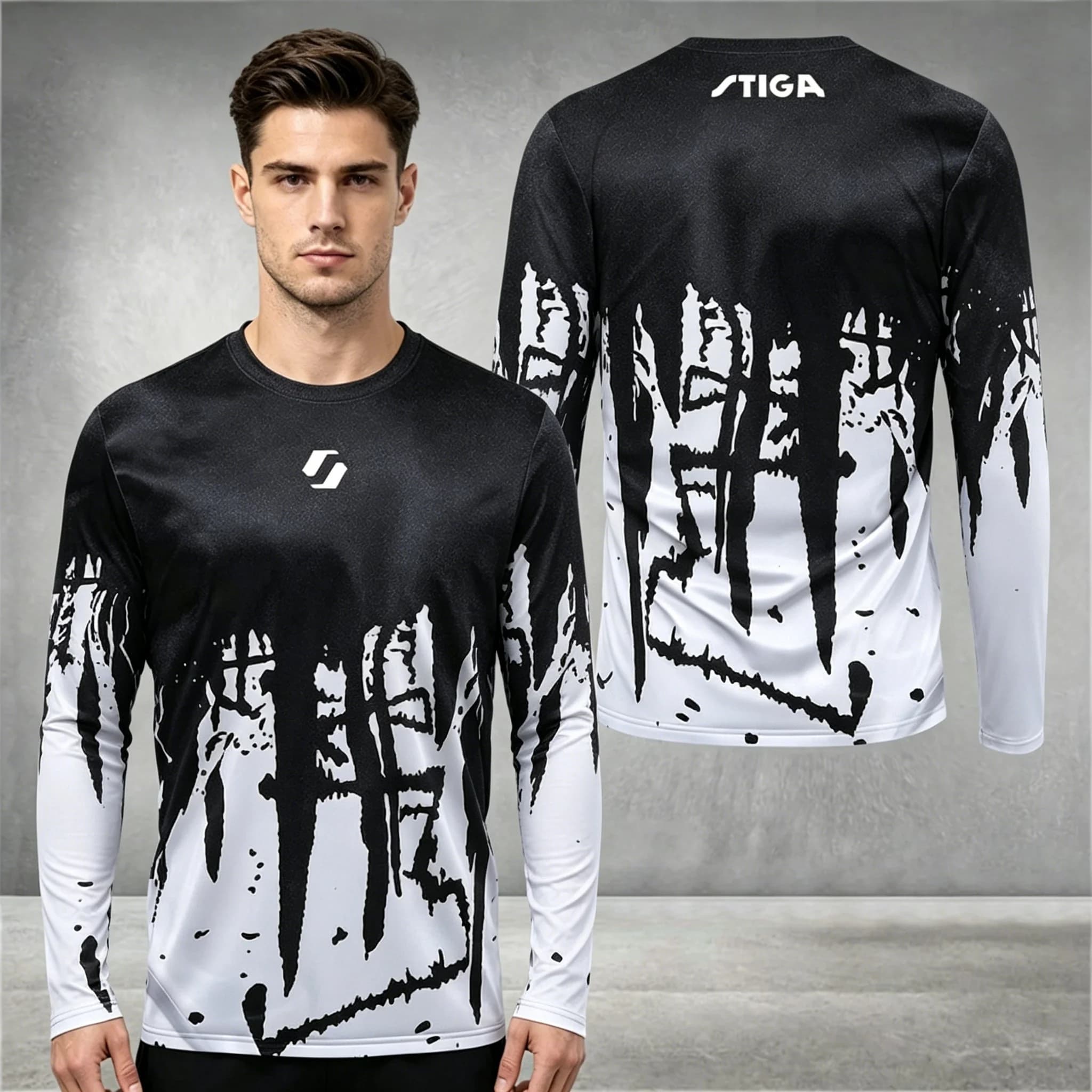 T-shirt sportiva da uomo a maniche lunghe, girocollo, con stampa astratta, traspirante, per tennis tavolo e abbigliamento casual