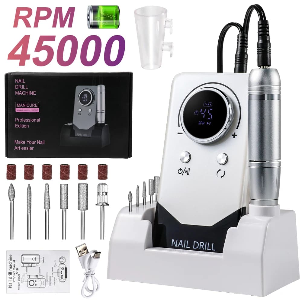 Trapano per Unghie 45000 RPM Ricaricabile, Lima Elettrica per Rimozione e Lucidatura di Gel Acrilico, per Manicure e Pedicure Professionale o Domestica